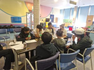 Young people sitting round a desk working on editing of a script for a video