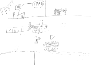 An image drawn in pencil of eye YPAG. There is an aeroplane with a YPAG banner flying behind it and YPAG messages falling out like gifts, nearby to a boat on the sea saying support YPAG - representing sharing our knowledge and messages widely around the world. Also a character which says me, who is helping others, through taking part in eyeYPAG.