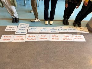 Picture of the final order of research priorities lined up on floor with childrens feet next to it